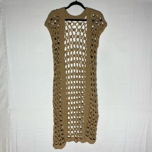 Vintage Handmade Tan Macrame Open Front Long Vest S